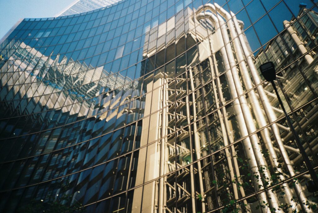 Glossy office buildings reflecting the light