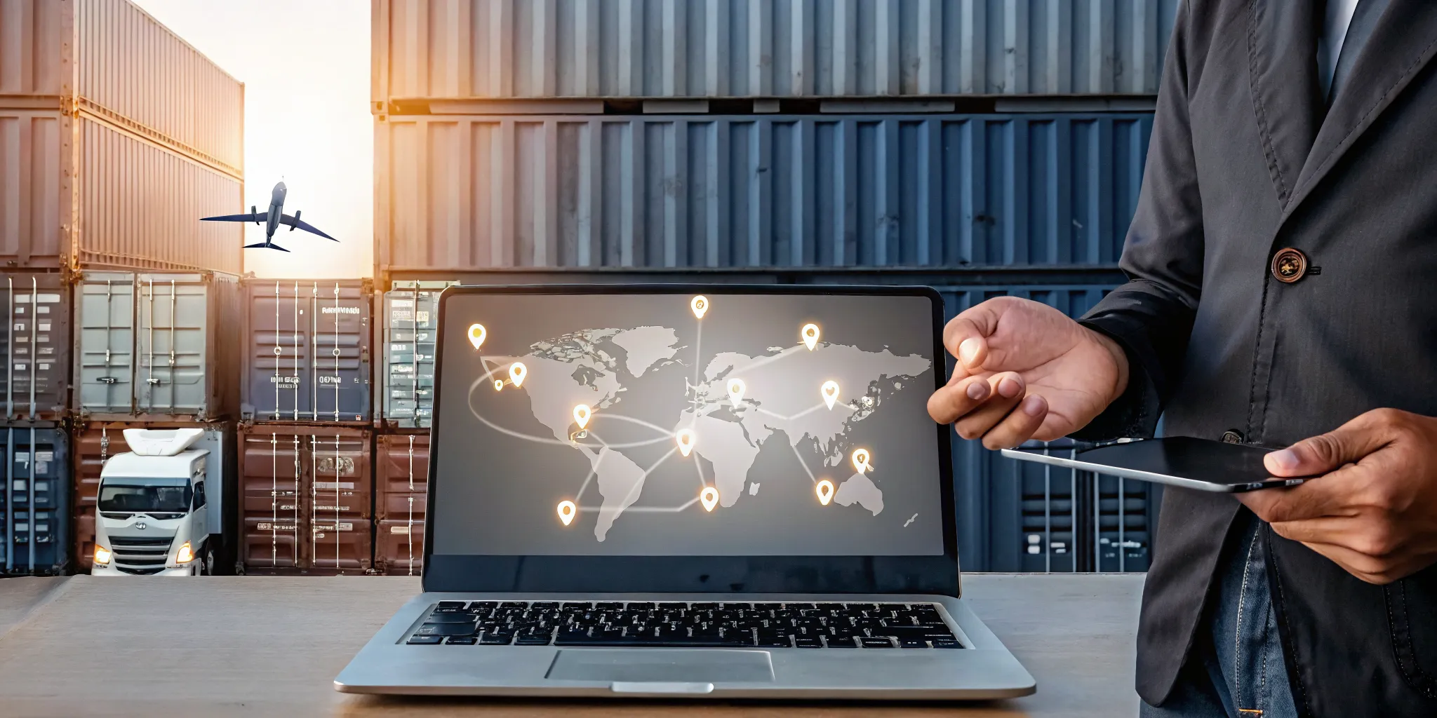 Laptop screen with a shipping quote calculator surrounded by icons of a truck, ship, and airplane.