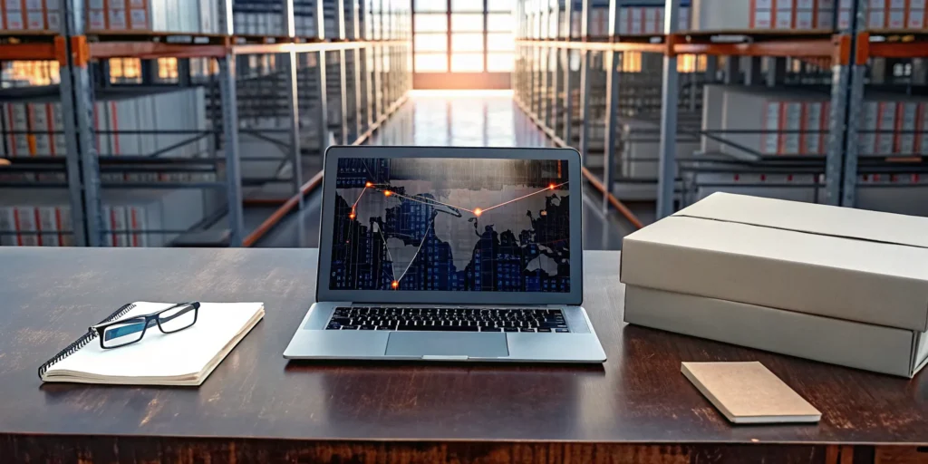 Laptop with shipping routes and boxes for an Amazon FBA customs broker in a warehouse.