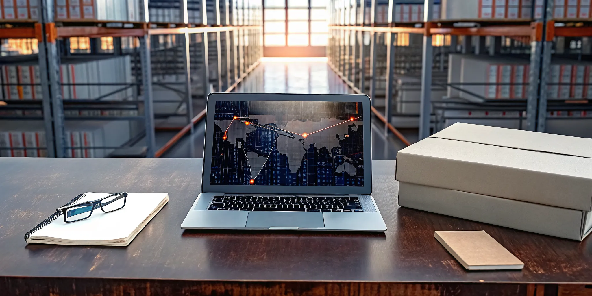 Laptop with shipping routes and boxes for an Amazon FBA customs broker in a warehouse.