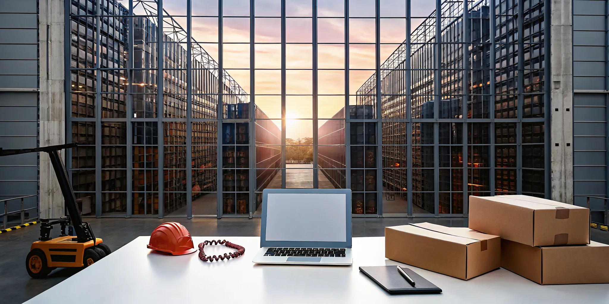 A customs broker for Amazon FBA works at a desk with a laptop and shipping boxes.